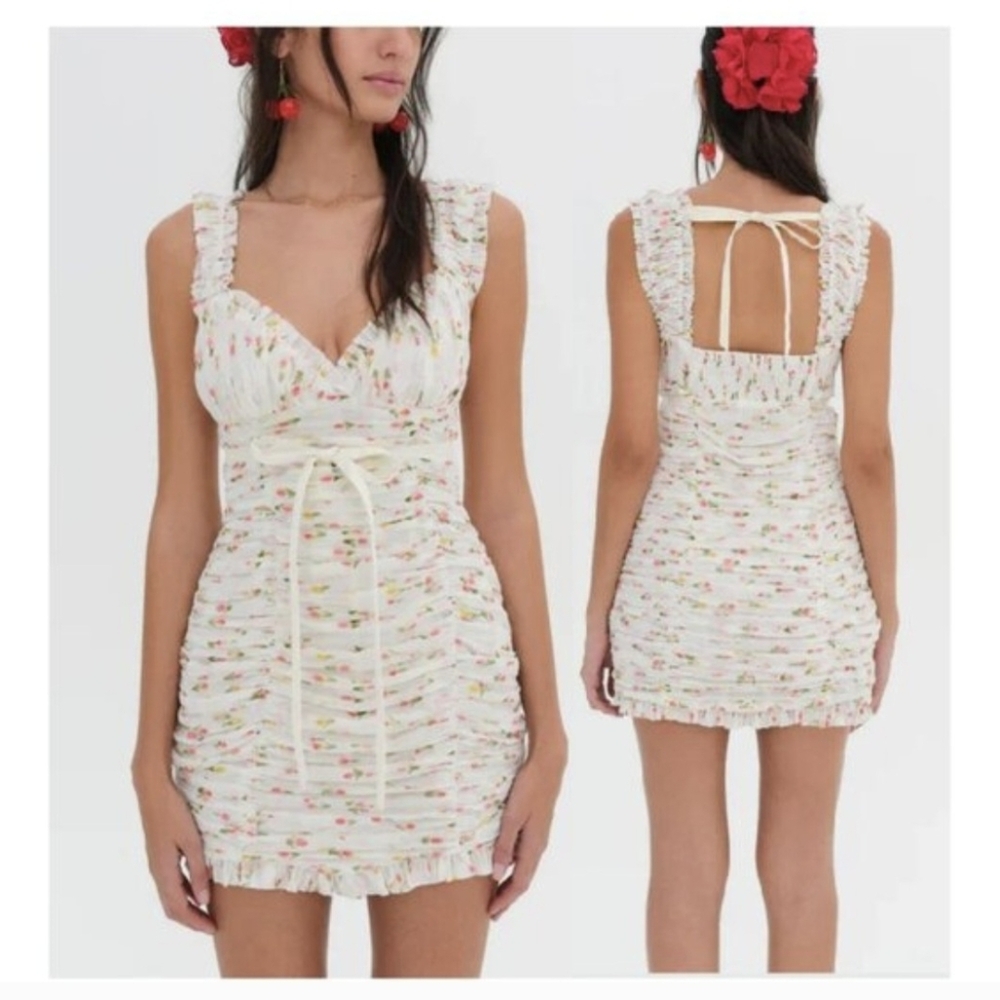 For Love And Lemons Elodie ruched Mini Dress Cream And Floral